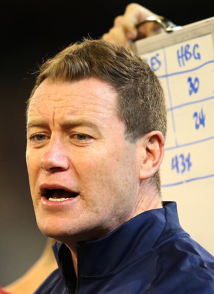AFL 2015 Rd 23 - Hawthorn v Carlton MELBOURNE, AUSTRALIA - SEPTEMBER 5: John Barker, Coach of the Blues addresses the players at 3/4 time during the 2015 AFL round 23 match between the Hawthorn Hawks and the Carlton Blues at the Melbourne Cricket Ground, Melbourne, Australia on September 5, 2015. (Photo by Justine Walker/AFL Media)